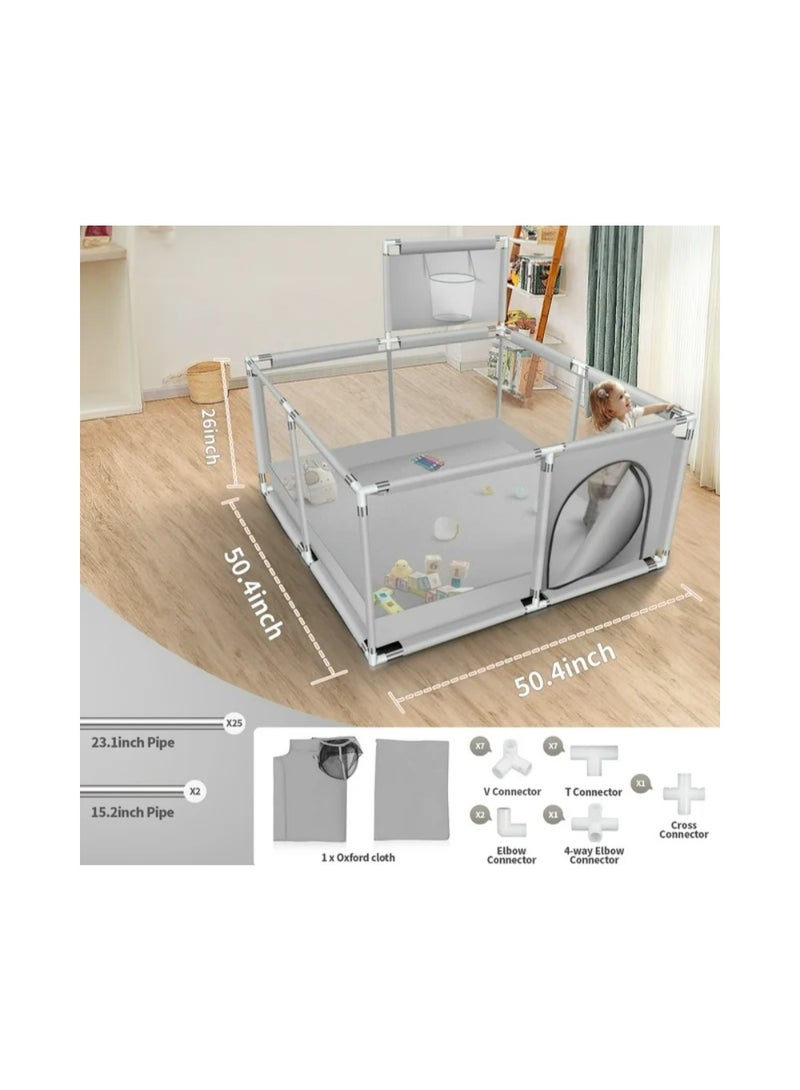 بيت كور وروضة أطفال (130×130 سم) مع حلقة سلة وشبكة حماية - ساحة لعب آمنة (بدون كرات) - Image 2